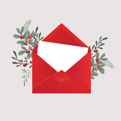 Christmas season's greetings template. Classic envelope with winter botanical decoration, flowers and greenery, xmas plants and berries - obrazy, fototapety, plakaty