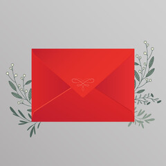 Christmas season's greetings template. Classic envelope with winter botanical decoration, flowers and greenery, xmas plants and berries