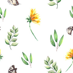 Seamless pattern with green leaves, butterflies, sunflower and eucalyptus. Watercolor background for textile wallpaper, bed linen and packaging.