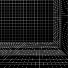 3D wireframe grid room background vector