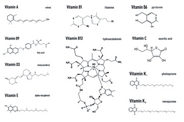 Vitamin Complex with Food B1, B6, B9, B12, K, A, E, C Label and Icon. Chemical Formula and Structure Logo. Vector Illustration.