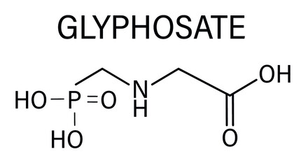 Glyphosate herbicide molecule. Crops resistant to glyphosate (genetically modified organisms, GMO) have been produced by genetic engineering. Skeletal formula.	
