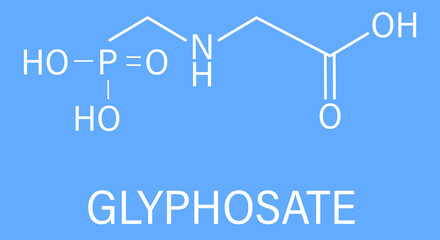 Glyphosate herbicide molecule. Crops resistant to glyphosate (genetically modified organisms, GMO) have been produced by genetic engineering. Skeletal formula.	
