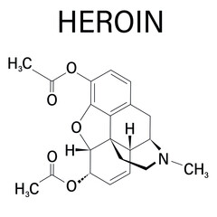 Heroin molecular structure isolated flat vector sign. Heroin (diacetylmorphine, morphine diacetate, diamorphine) opioid drug molecule.
