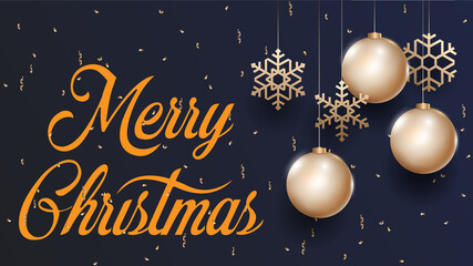 Merry christmas celebration poster with gold glass balls and snowflakes