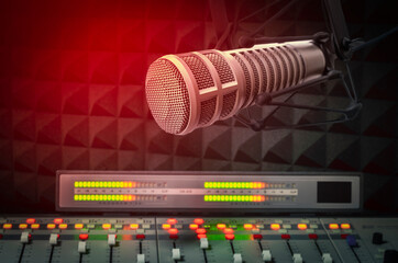 Professional microphone and sound mixer in radio station studio