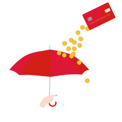 Money rain vector stock illustration. Red umbrella and coins. Investments, dividends, bank deposits. Isolated on a white background.