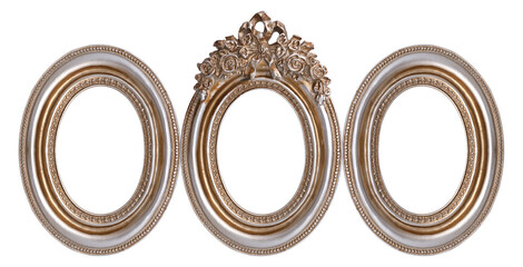 Triple silver oval frame (triptych) for paintings, mirrors or photos isolated on white background. Design element with clipping path
