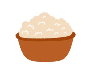 Bowl full of curd. Fresh cottage cheese on plate. Healthy sour dairy product. Food from milk drawn in doodle style. Colored flat vector illustration isolated on white background