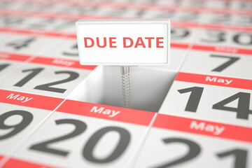 DUE DATE sign on May 13 in a calendar, 3d rendering