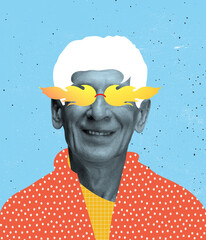 Contemporary art collage of senior man in stylish orange glasses and colorful cloth isolated over...