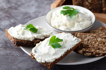 Rye bread on the plate with curd cheese and herbs. Decorated with green herbs. Health food
