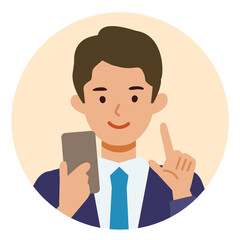 BusinessMan cartoon character. People face profiles avatars and icons. Close up image of man using smartphone.