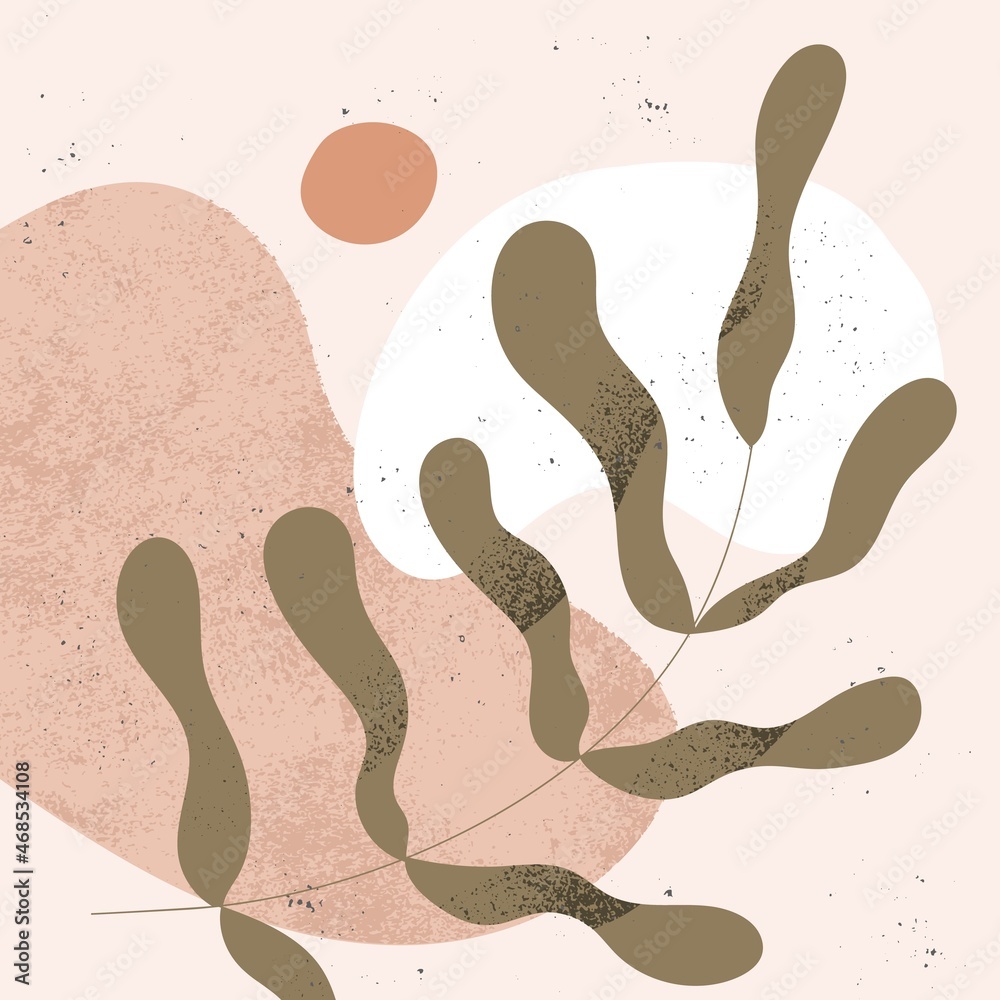 Aufkleber Modern abstract card with leaf and geometric shapes. Minimal design with botanical and creative elements, brush blobs, organic splashes. Minimalist natural pattern with plant. Flat vector illustration
