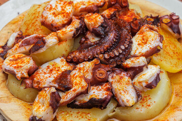 Fried octopus with potatoes and paprika on a plate in a restaurant