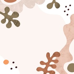 Modern abstract background with trendy minimal geometry shapes and leaf. Minimalistic square card design with creative natural frame. Fashion backdrop with organic elements. Flat vector illustration