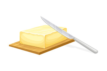 Butter brick on wooden cutting board with knife. Natural dairy product, margarine or spread vector illustration