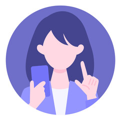 BusinessWoman cartoon character. People face profiles avatars and icons. Close up image of Woman using smartphone.