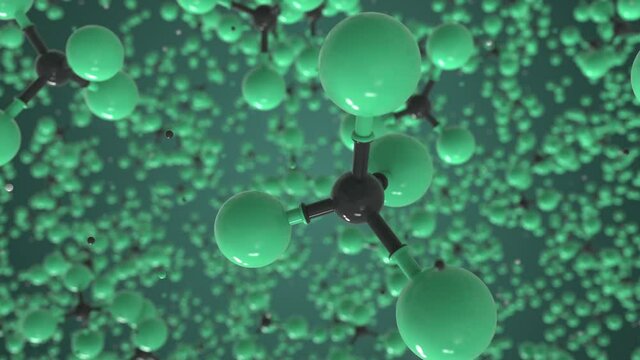 Trichlorofluoromethane molecule, isolated molecular model. Looping 3D animation or motion background