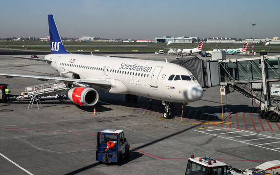 SAS Scandinavian Airlines Airbus A320 at Frederic Chopin International Airport Warszawa Okęcie on April 17, 2019 in Warsaw, Poland.