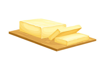 Butter pieces on wooden cutting board. Natural dairy product vector illustration