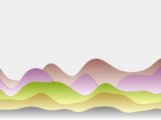 Fototapeta premium Abstract mountains background. Curved layers in green, orange, blue and green colors. Papercut style hills. Radiant vector illustration.