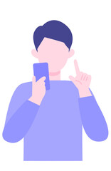 Young Man cartoon character. People face profiles avatars and icons. Close up image of man using smartphone.