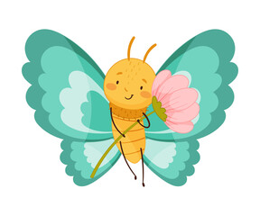 Adorable baby butterfly with bright blue wings flying with pink flower cartoon vector illustration