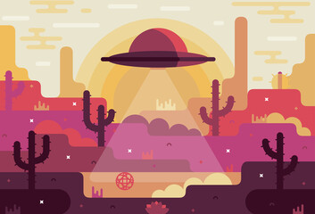 Landscape with UFO, flying saucer over grand canyon or desert near area 51. Vector flat cartoon illustration. 