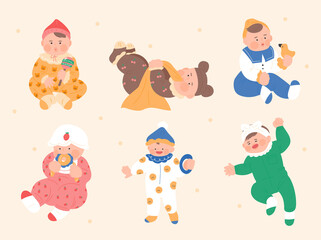 Collection of baby characters in cute clothes. flat design style vector illustration.