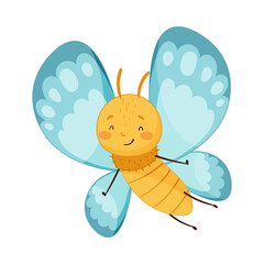 Adorable baby butterfly with light blue wings and happy smiling face cartoon vector illustration