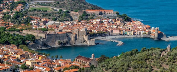 Old town of Collioure, France, a popular resort town on Mediterranean sea, view of the habor and church. High quality photo