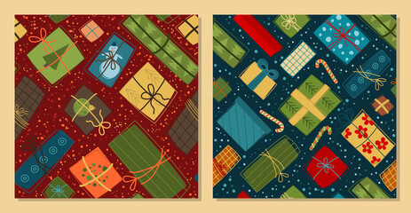 Christmas gifts - vector set of seamless Christmas patterns. Winter background for fabric, textile, wallpaper, posters, gift wrapping and paper, napkins. Print for kids