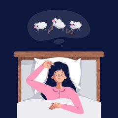 Sleeping woman vector illustration. Cute sleepy girl lying in the bed under soft duvet, having a good dream. Dream cloud with sheep. Sleep tight, sweet dreams, fast asleep concept for web.Flat design - 468536777