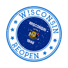 Wisconsin Reopening Stamp. Round badge of US State with flag of Wisconsin. Reopening after lock-down sign. Vector illustration.