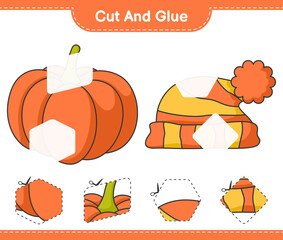 Cut and glue, cut parts of Pumpkin and Hat. Educational children game, printable worksheet, vector illustration