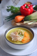 a bowl of  yellow chicken soup