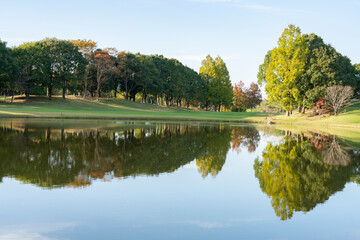 水面に写ったゴルフ場の木々