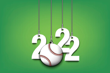 Numbers 2022 and baseball ball as a Christmas decorations are hanging on strings. New Year 2022 are hang on cords. Template design for greeting card. Vector illustration on isolated background