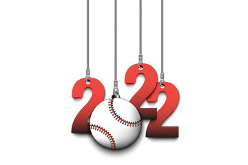 Numbers 2022 and baseball ball as a Christmas decorations are hanging on strings. New Year 2022 are hang on cords. Template design for greeting card. Vector illustration on isolated background