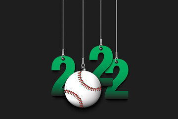 Numbers 2022 and baseball ball as a Christmas decorations are hanging on strings. New Year 2022 are hang on cords. Template design for greeting card. Vector illustration on isolated background