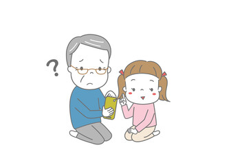 スマートフォンの使い方を孫に教わるおじいさん