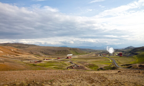 Factory area, processing high pressure water for green energy, Iceland