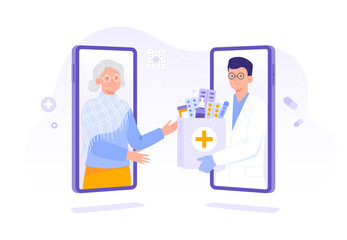 A pharmacist gives an order with drugs to a senior woman. Medical treatment. Online pharmacy, delivery drugs, prescription medicines order. Vector flat illustration.