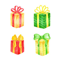 Watercolor set of Gift Boxes isolated on white background. Christmas presents vector illustration