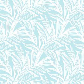 Tropical seamless pattern print with white palm leaves on blue background. Illustration for Surface, Invitation, Notebook, Banner, Wrap Paper, Textile, Cover, Magazine, Postcard, Fabric