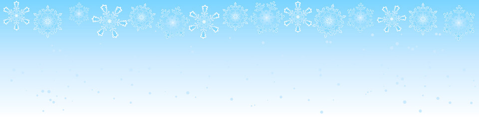 horizontal banner of gentle blue color with snow and beautiful large snowflakes
