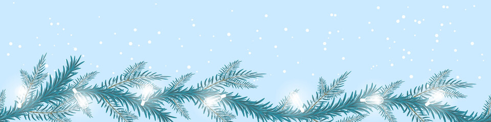 Fototapeta na wymiar winter horizontal banner with fir branches and white lamps garland 