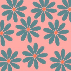 Blue and green flowers on pink background pattern
