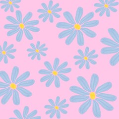 Blue and green flowers on pink background pattern
